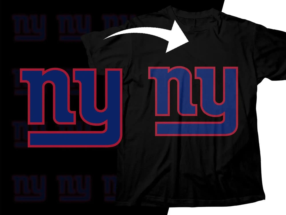 Black t-shirt with bold NY logo in blue and red, ideal for DTF/DTG printing designs.