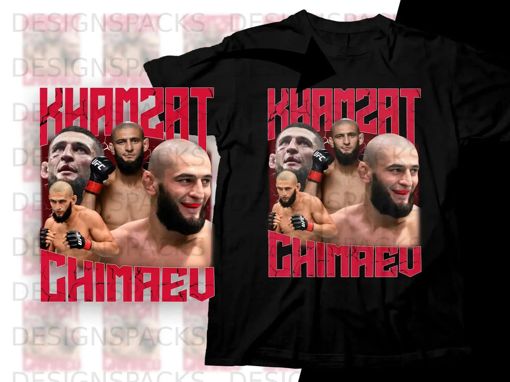 Black t-shirt featuring Khamzat Chimaev's face and UFC logo.