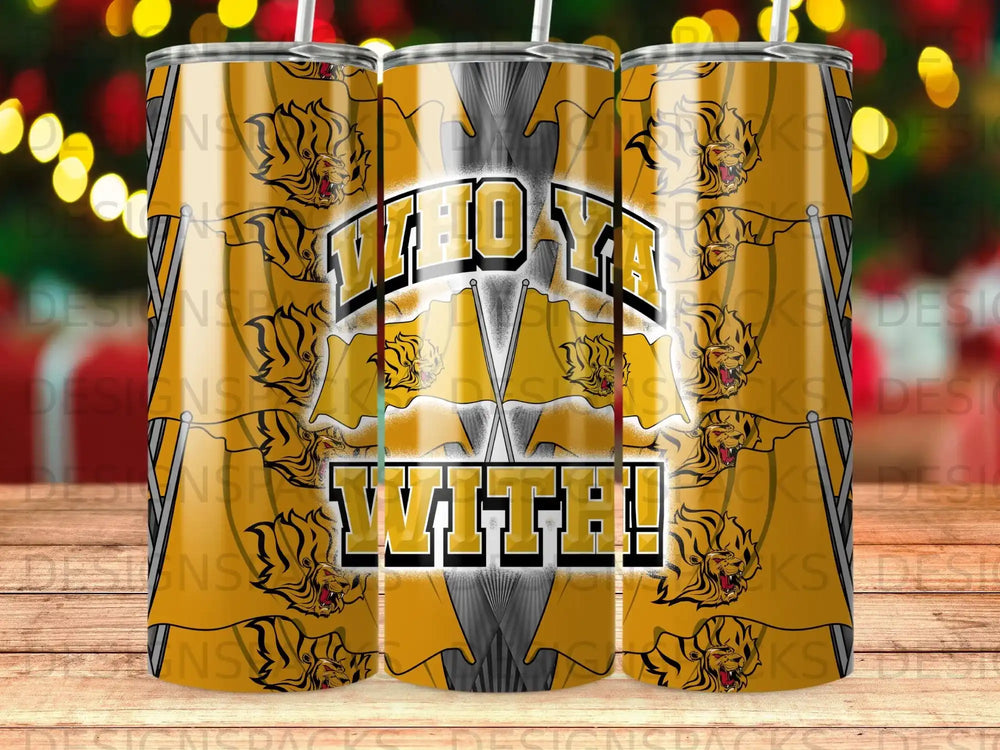 Tiger graphic with "WHO YA WITH!" text on yellow flags, product shot.
