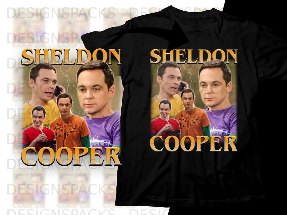 T-shirt with collage of Sheldon Cooper from The Big Bang Theory.