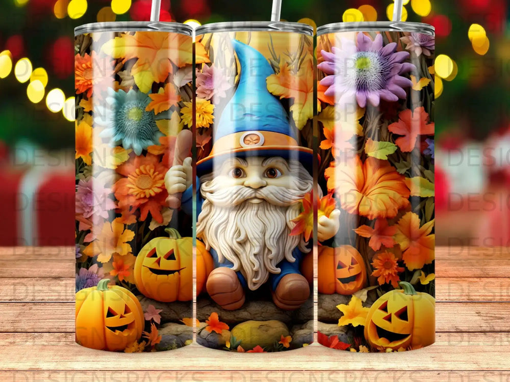 Gnome with pumpkins and autumn leaves on a tumbler wrap.