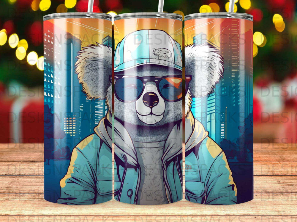 Koala wearing sunglasses and a blue hoodie, set against a city skyline.