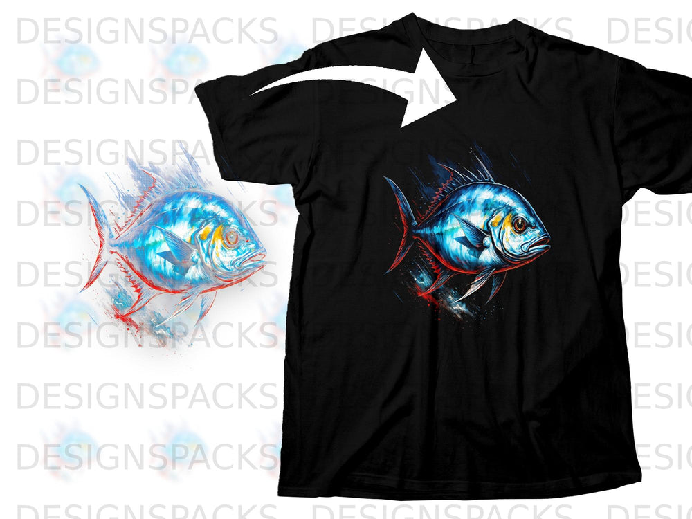 Black t-shirt with a vibrant blue and red fish graphic.