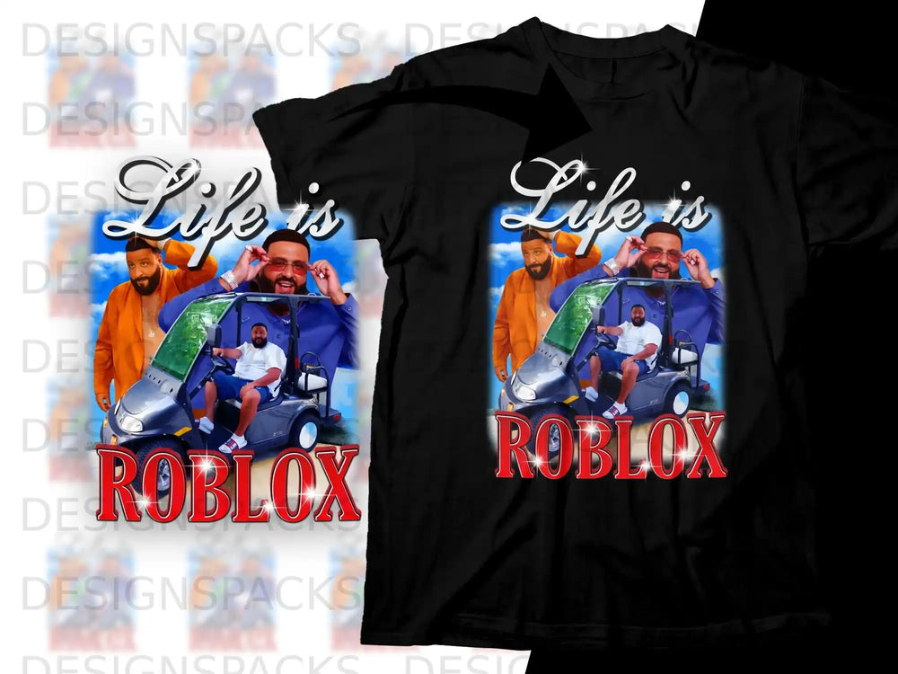 T-shirt graphic with "Life is Roblox" text and cartoon men on a golf cart.