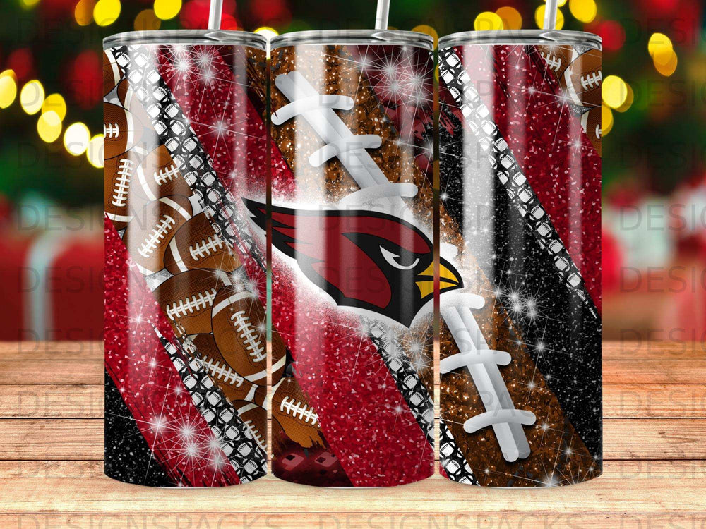 Glittery football pattern with Arizona Cardinals logo on tumbler.
