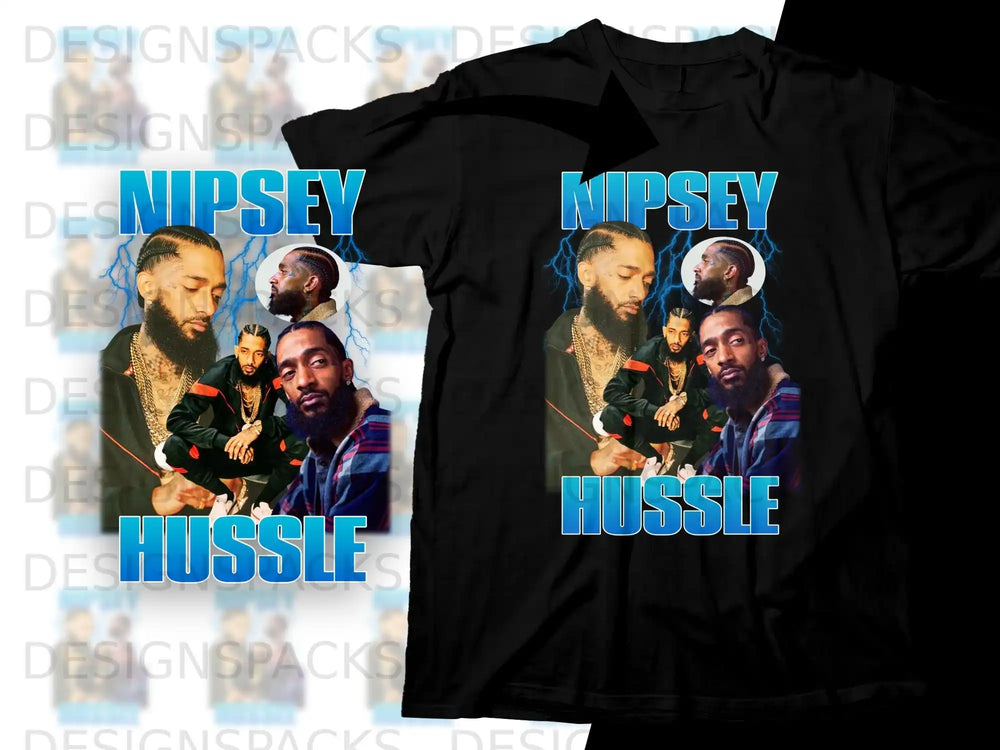 Nipsey Hussle graphic t-shirt with portrait collage and lightning accents.