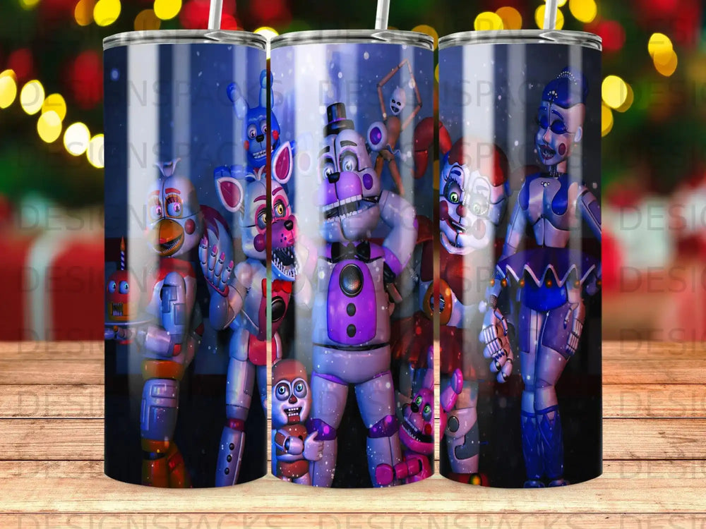 Five animatronic characters from Five Nights at Freddy's on a tumbler.