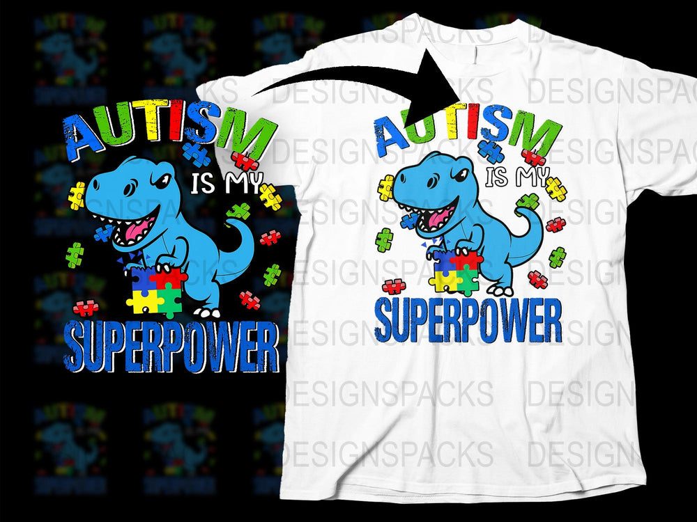 Autism Awareness Dinosaur T-Shirt, Autism Is My Superpower, Colorful Puzzle Design Tee