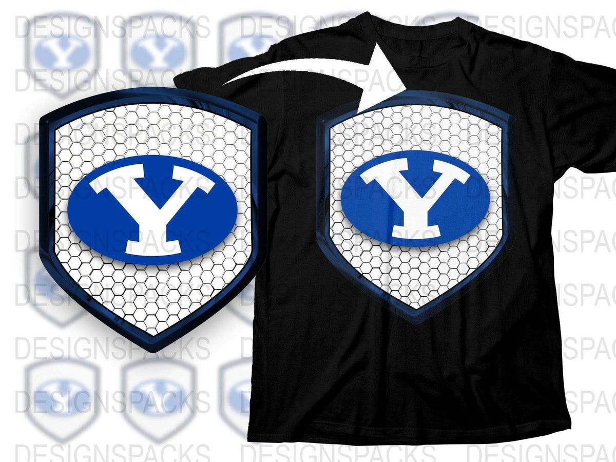Blue and White Shield Logo T-Shirt, Hexagonal Pattern Graphic Tee, Bold Letter Y Design, Casual Wear