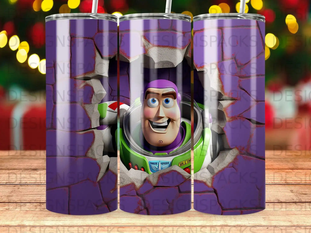 Buzz Lightyear bursting through a cracked wall on a purple gradient tumbler.