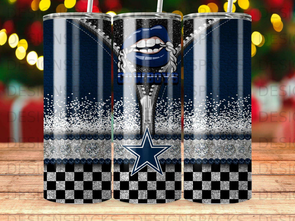 Dallas Cowboys themed tumbler with silver glitter and checkered pattern.