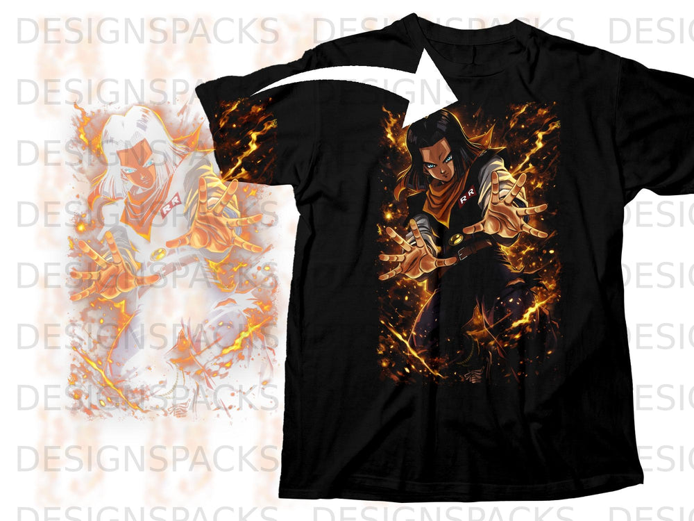 Black t-shirt featuring anime character Android 17 with fiery orange energy.