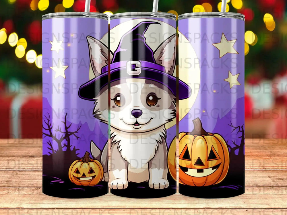 Cute dog in witch hat with pumpkins and moon, Halloween design.