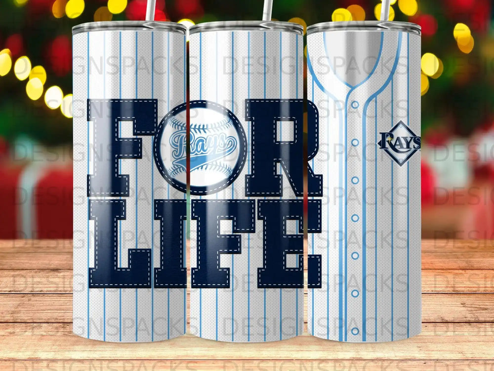 Blue and white "FOR LIFE" tumbler with Rays baseball logo.