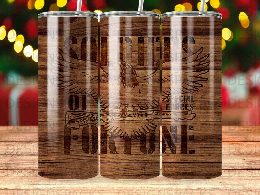 Tumbler with "Soldier of Fortune" text and eagle graphic on wood grain background.