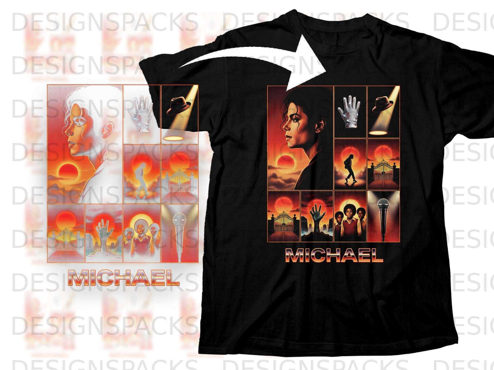 Black t-shirt featuring Michael Jackson with iconic imagery.