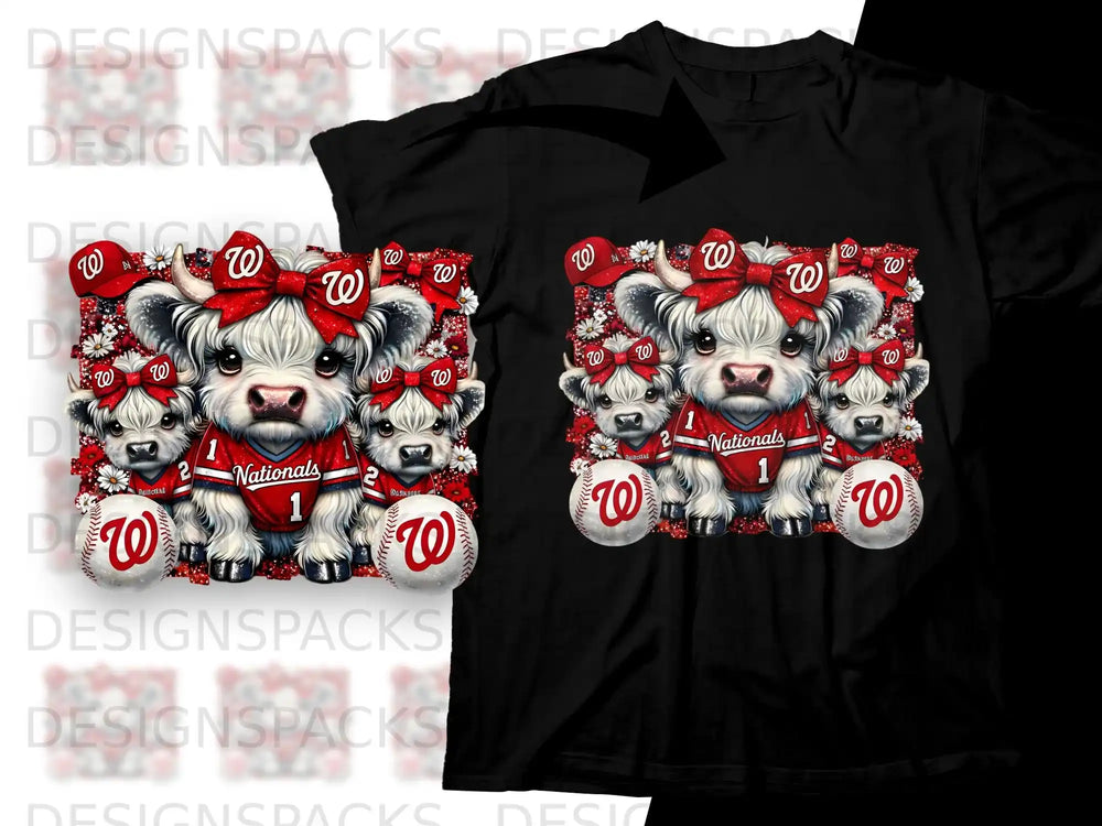 Cute cows wearing red bows and "Nationals 1" jerseys with baseballs.