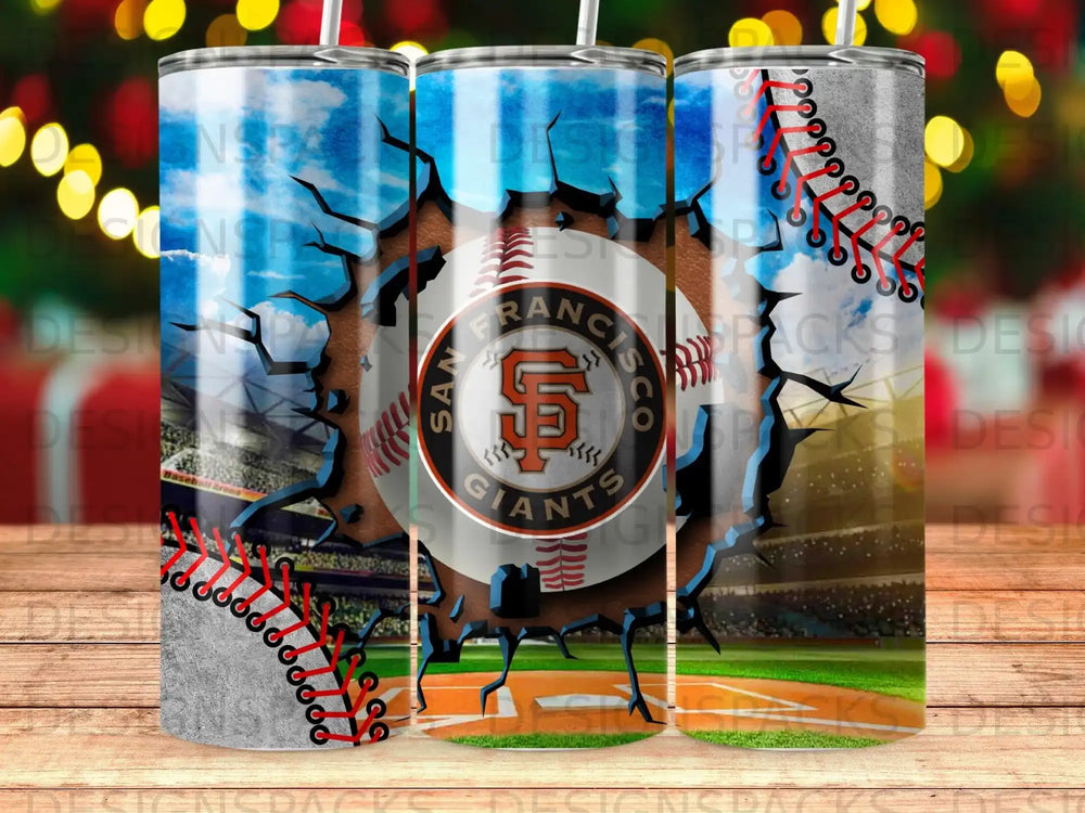 San Francisco Giants logo with baseball stadium background.