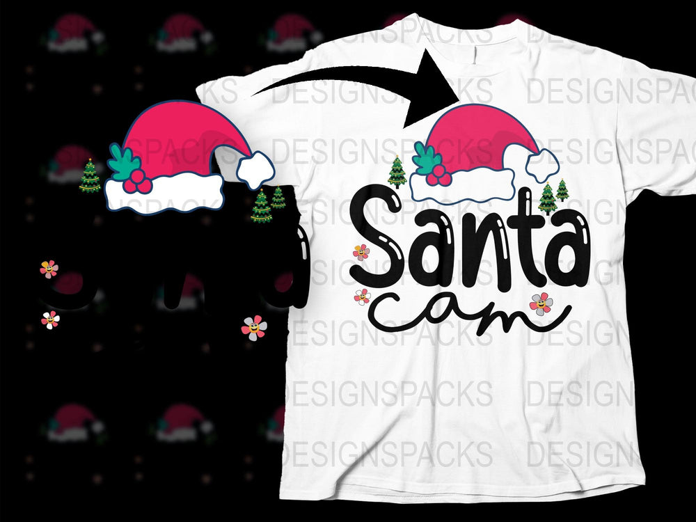 Santa Cam Christmas T-Shirt, Festive Holiday Graphic Tee, Kids and Adults Casual Wear Santa Hat Design
