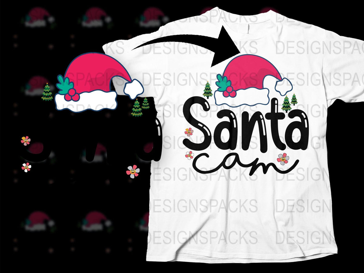 Santa Cam Christmas T-Shirt, Festive Holiday Graphic Tee, Kids and Adults Casual Wear Santa Hat Design