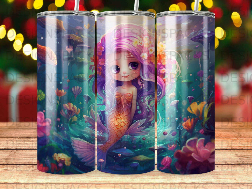 Mermaid with purple hair and a pink tail swims amongst colorful coral and plants.