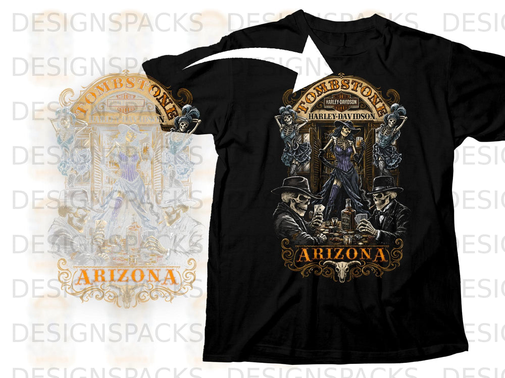 Black t-shirt with Tombstone Harley-Davidson Arizona design featuring skeletons gambling.