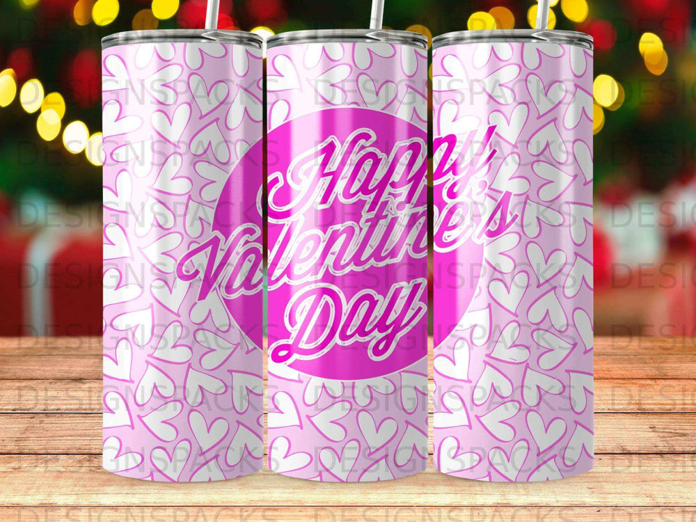 Pink tumbler with "Happy Valentine's Day" in white text and heart pattern.