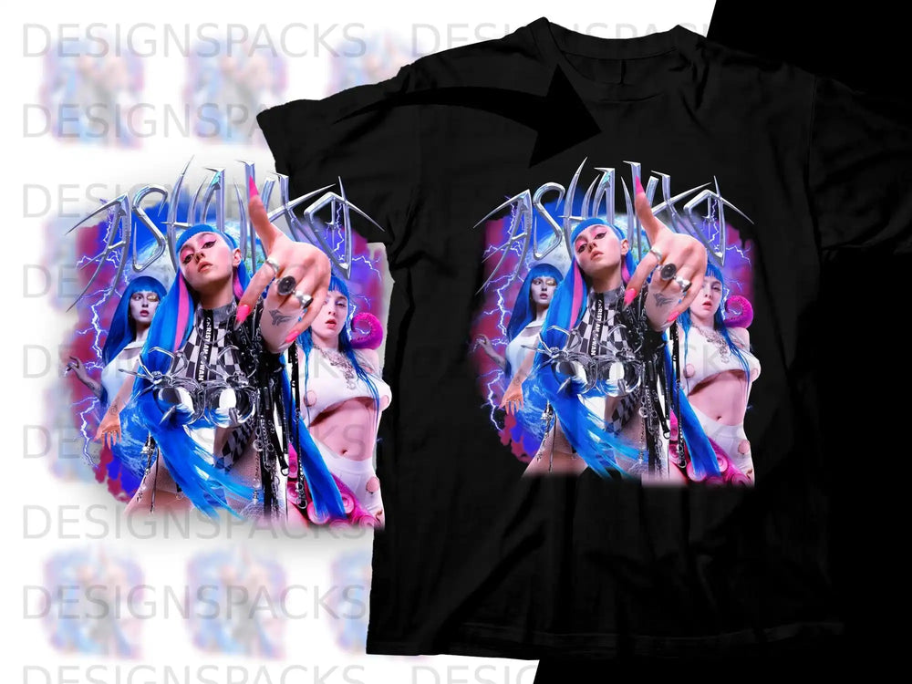 Singer with blue hair on black t-shirt graphic, pointing finger.