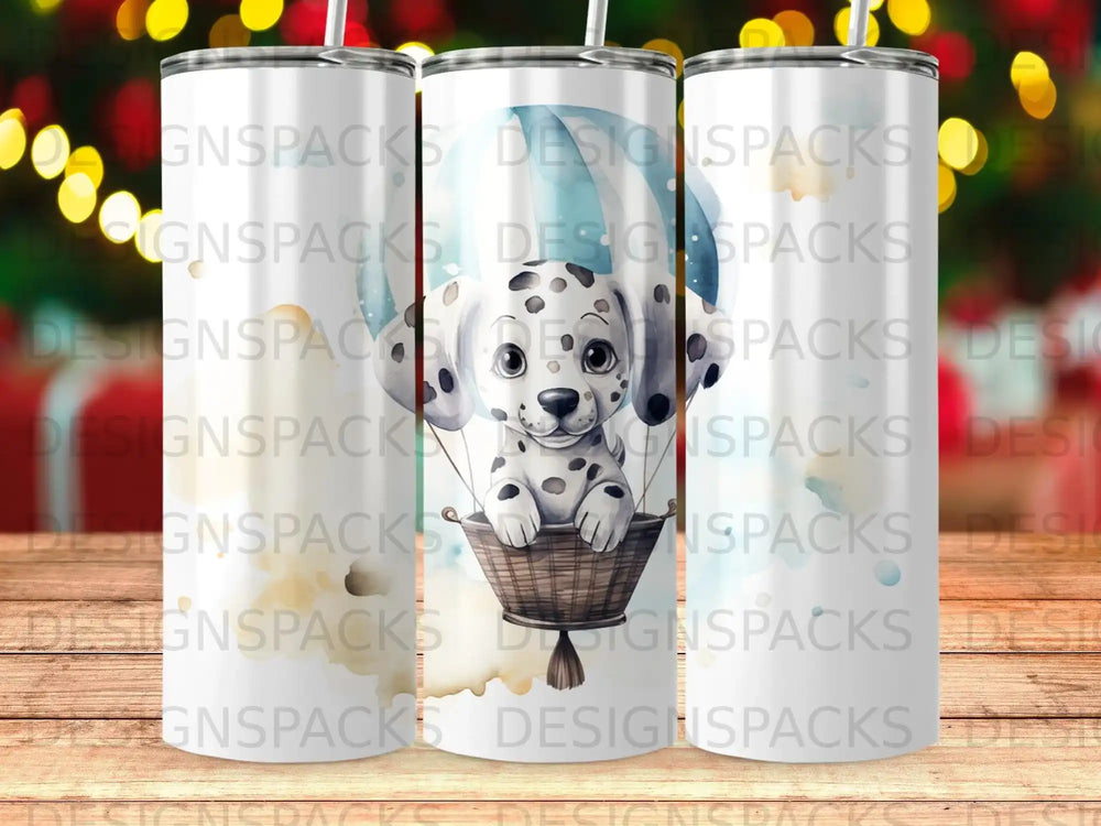 Dalmatian puppy in hot air balloon basket against watercolor sky, tumbler mockup.