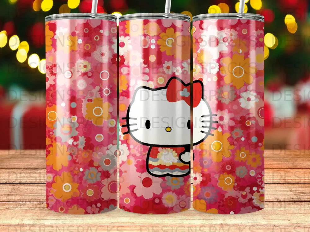 Hello Kitty with floral pattern on a pink tumbler.