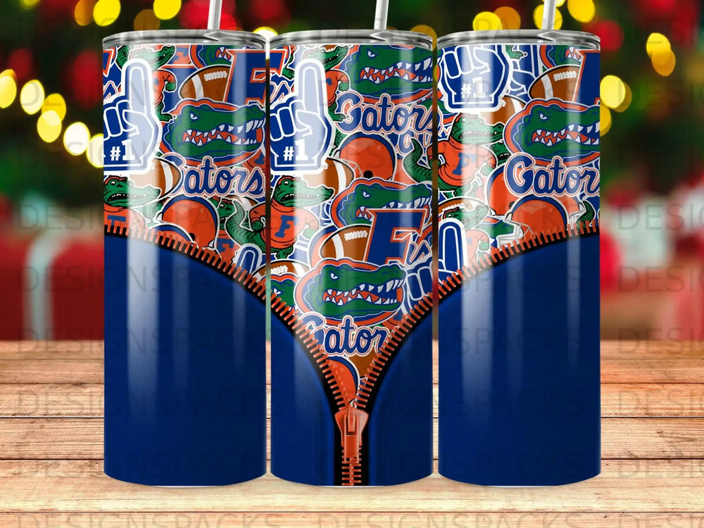 Tumbler with a zipper design and University of Florida Gators graphics.