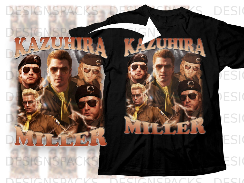 Black t-shirt featuring Kazuhira Miller and "MILLER" text with lightning graphics.