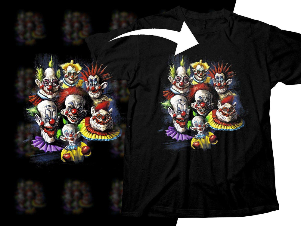 Black t-shirt with colorful scary clown faces design, perfect for Halloween or horror-themed apparel.