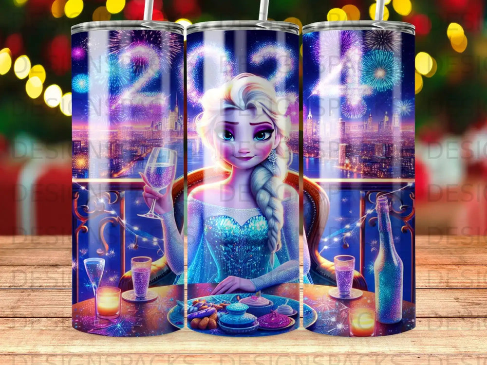 Elsa holds a glass of wine at a table with fireworks in the background.
