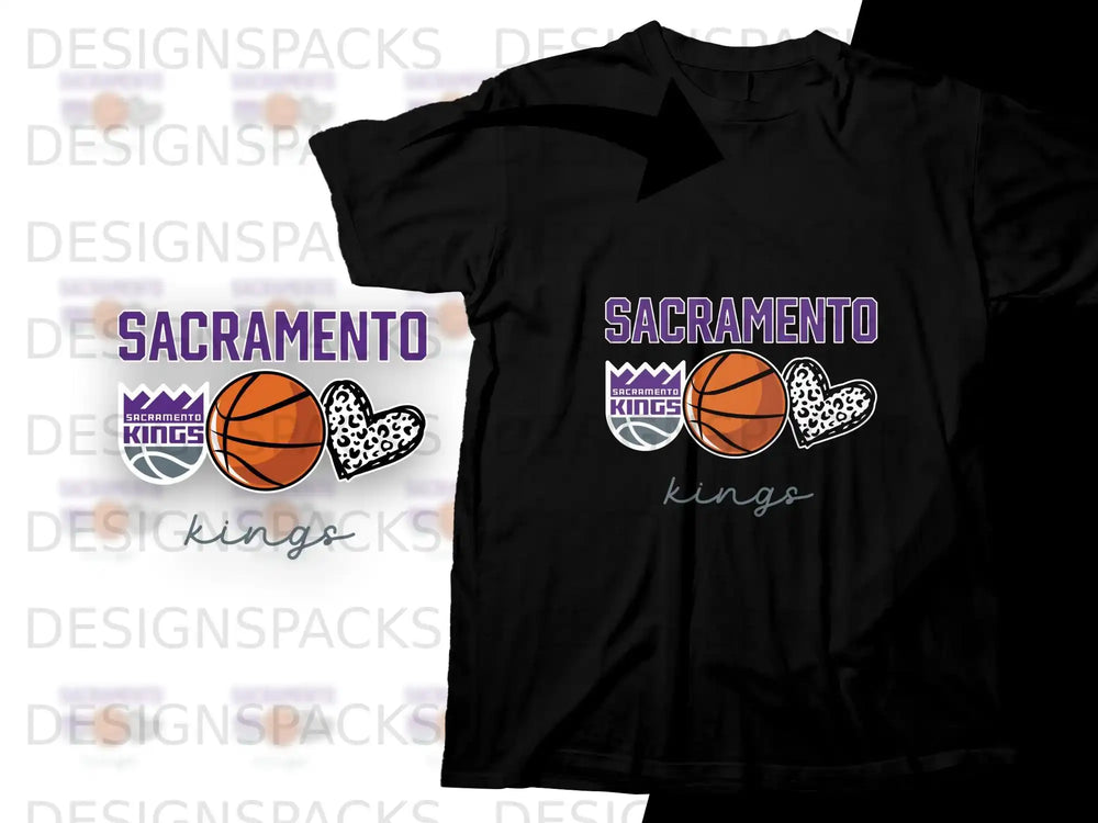 Black t-shirt with Sacramento Kings logo and basketball hearts graphic.