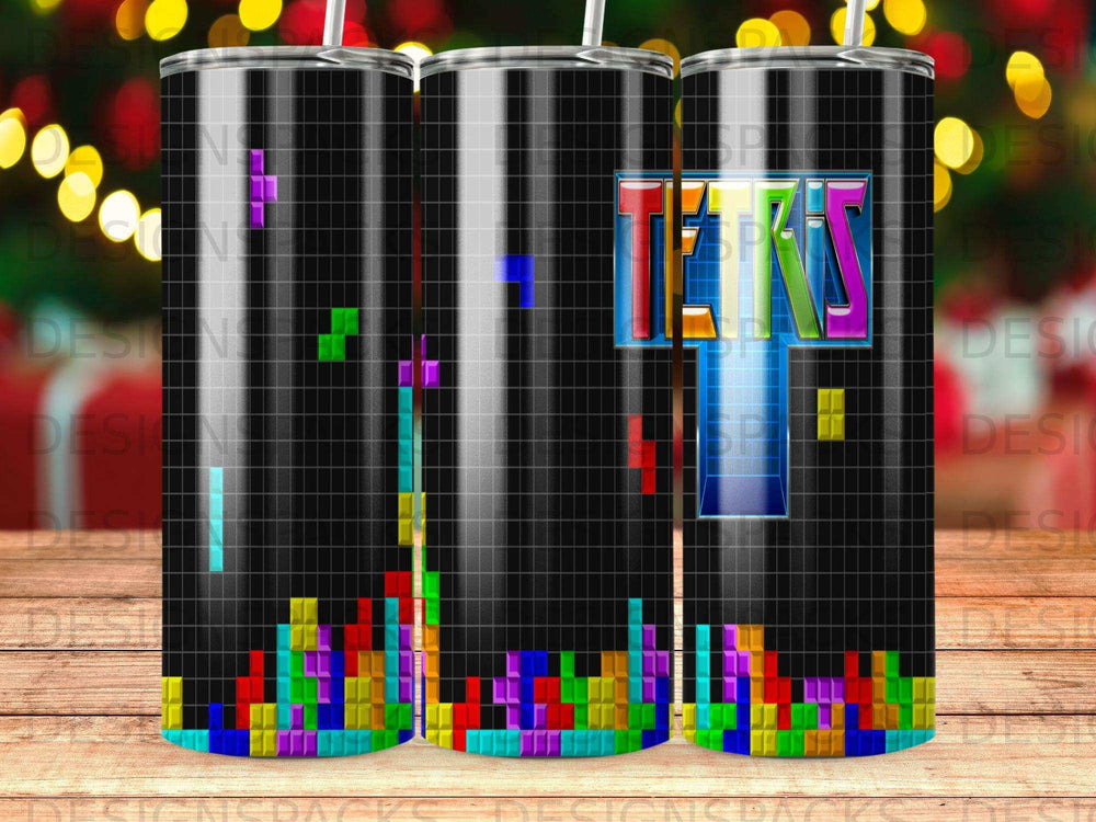 Tetris game falling blocks design on a black tumbler.