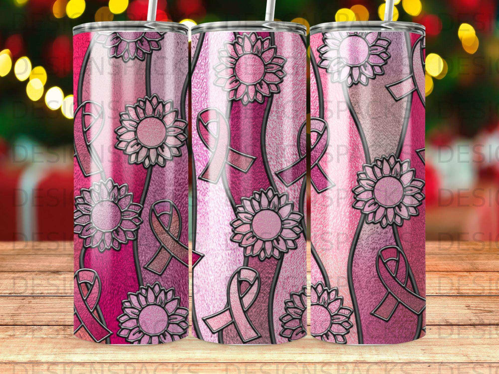 Pink ribbon and sunflower pattern on a skinny tumbler.
