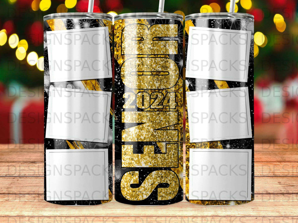 Gold glitter "2024" text on a tumbler with black and gold striped background.