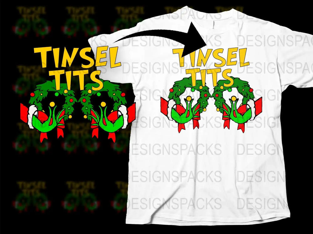Festive Tinsel Tits T-Shirt, Funny Christmas Holiday Party Tee, Unique Graphic Print Shirt
