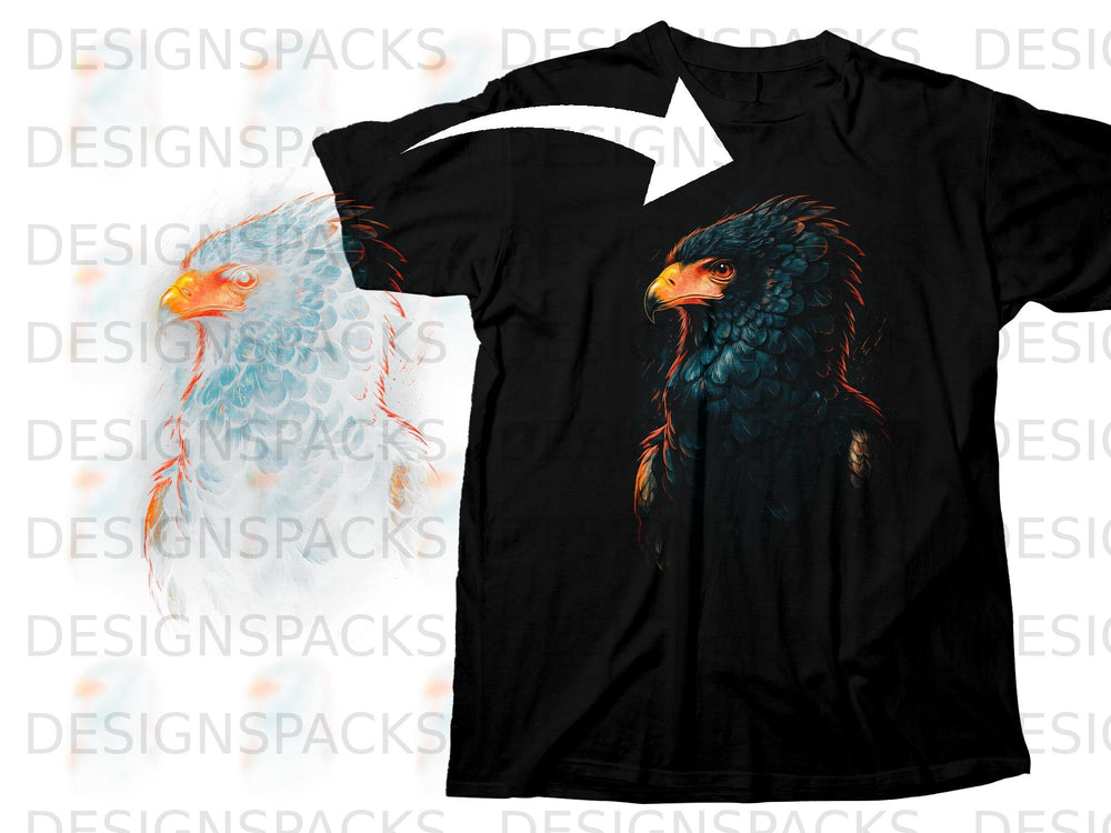 Black t-shirt with a dark eagle design and an abstract light bird design.