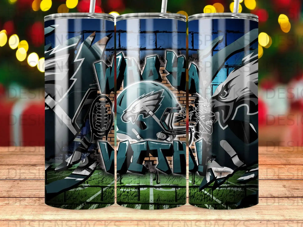 Philadelphia Eagles football helmet and "Fly Eagles Fly" text on a blue and green gradient background.