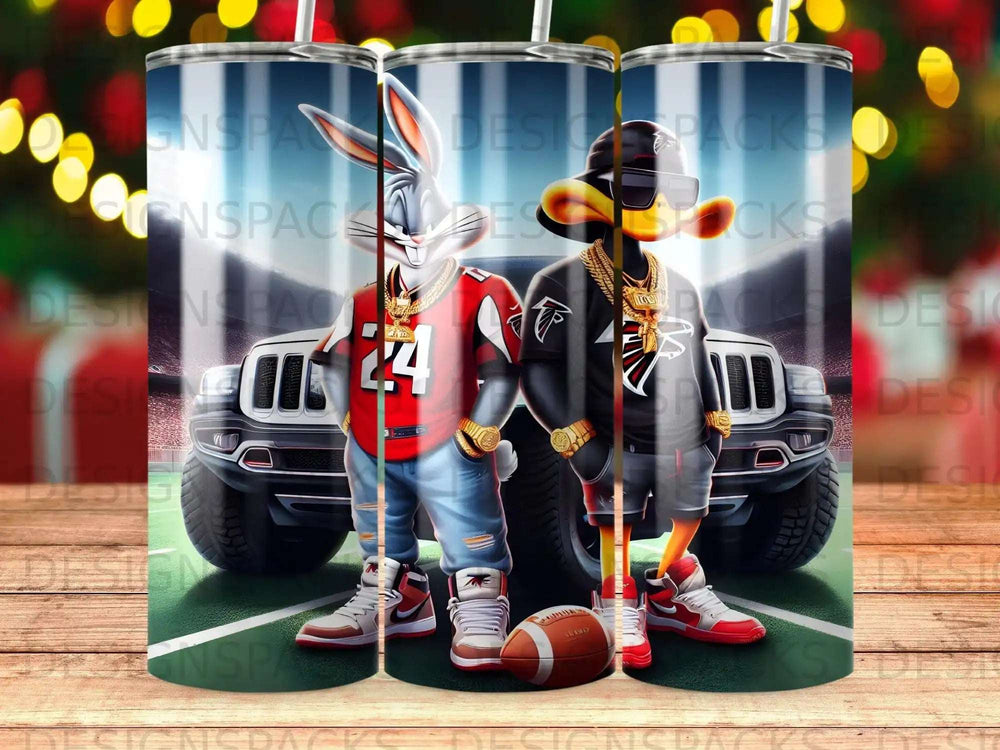Bugs Bunny and Daffy Duck in Falcons jerseys stand by a black SUV.