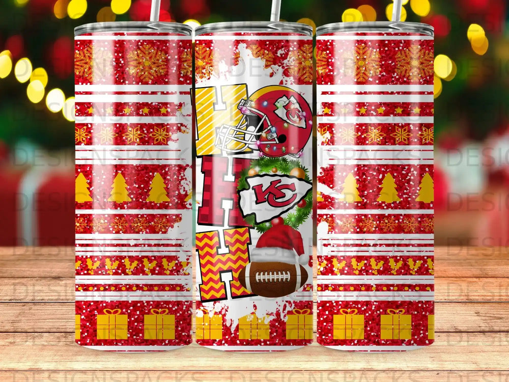 Kansas City Chiefs tumbler with holiday and football graphics.