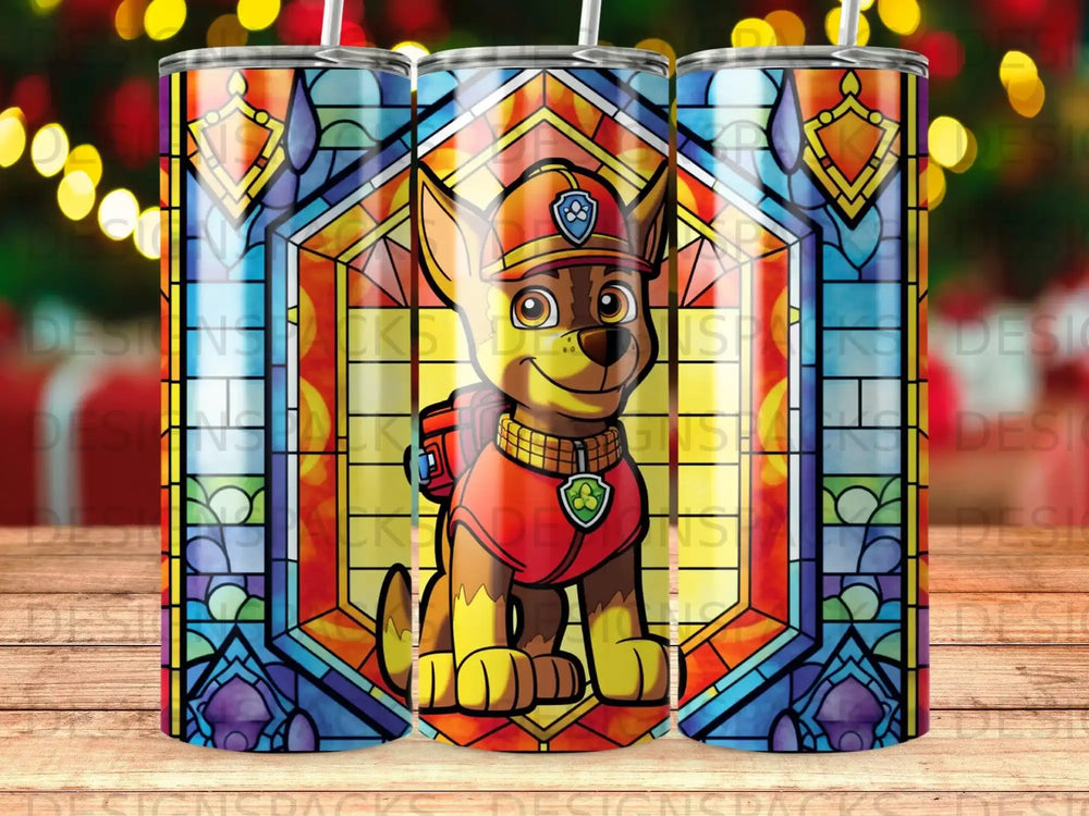Chase from Paw Patrol in a stained glass window design.
