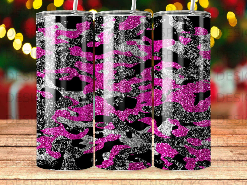 Pink and silver glitter camouflage tumbler with black background.