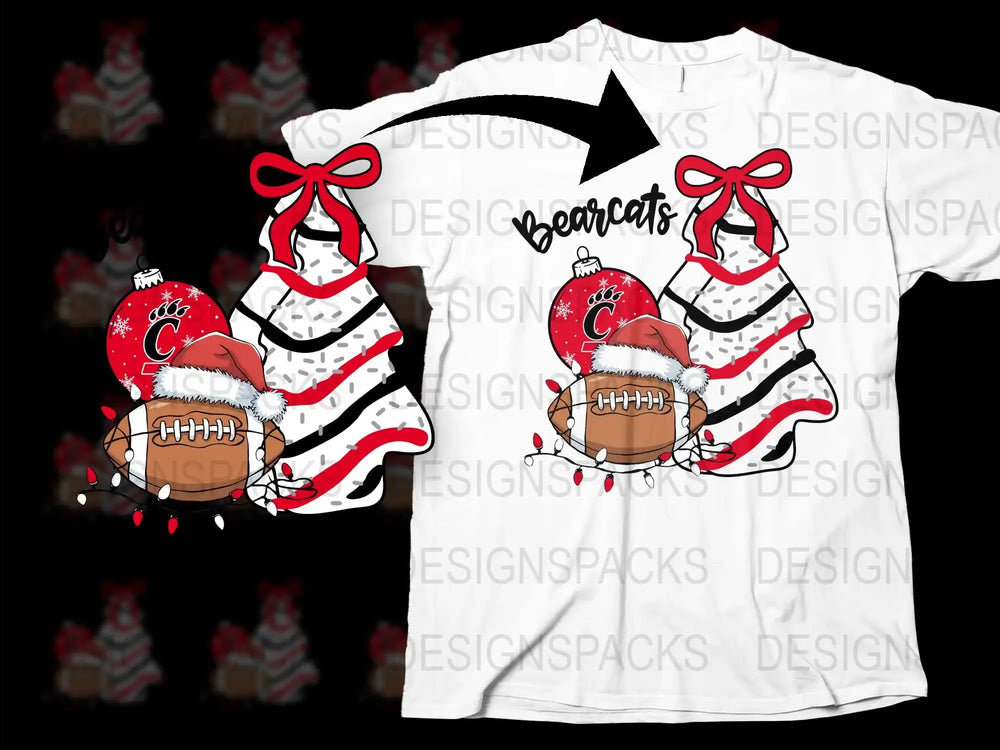 Bearcats Football Christmas T-Shirt, Festive Holiday Graphic Tee with Red Bows and Ornaments, Casual Winter Apparel