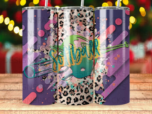 Softball tumbler with leopard print and glitter accents.