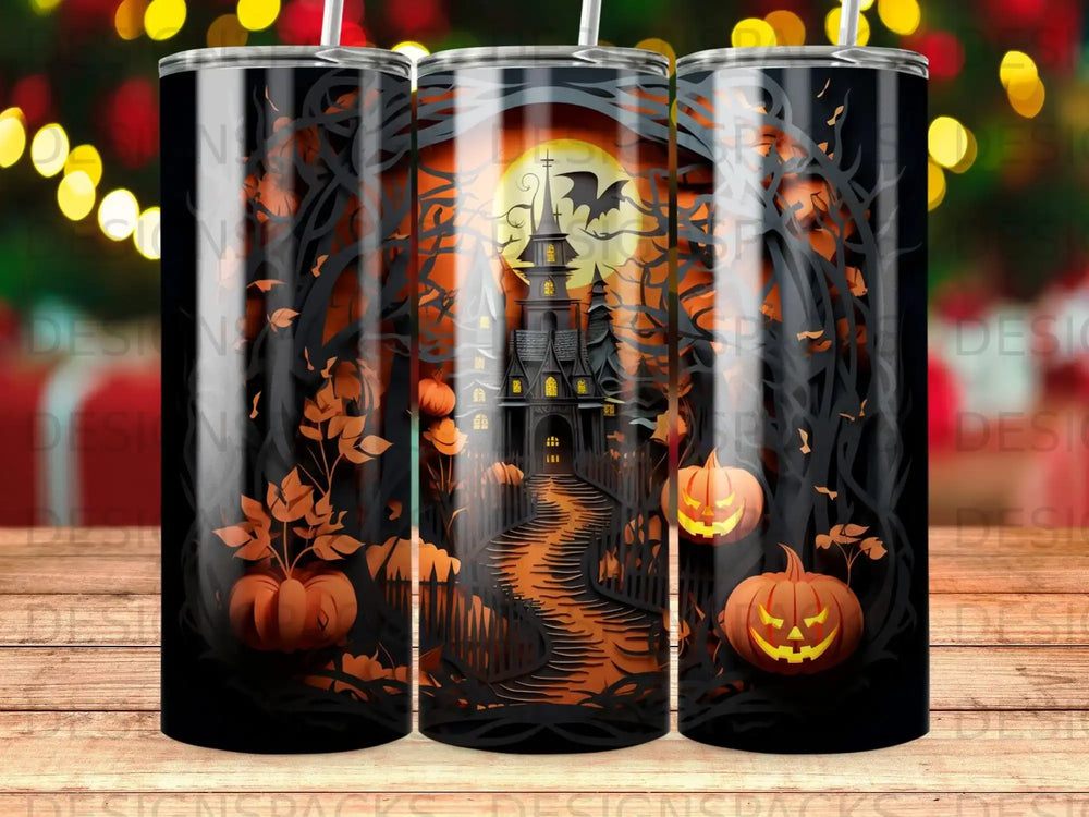 Halloween scene with haunted house, pumpkins, and spooky trees under a full moon.