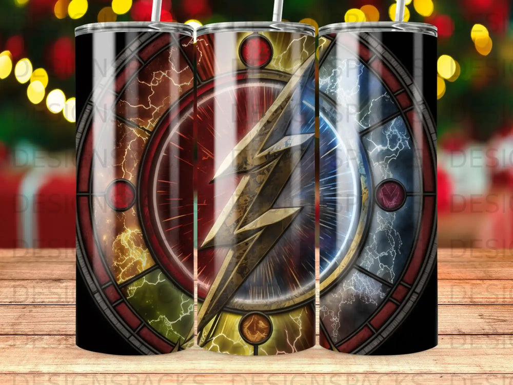 The Flash logo on a stained-glass tumbler with bokeh lights in the background.