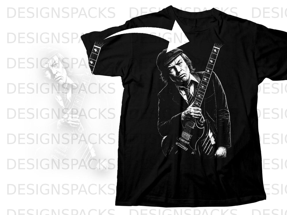 Black t-shirt with a sketch of a man in a cap holding a guitar.